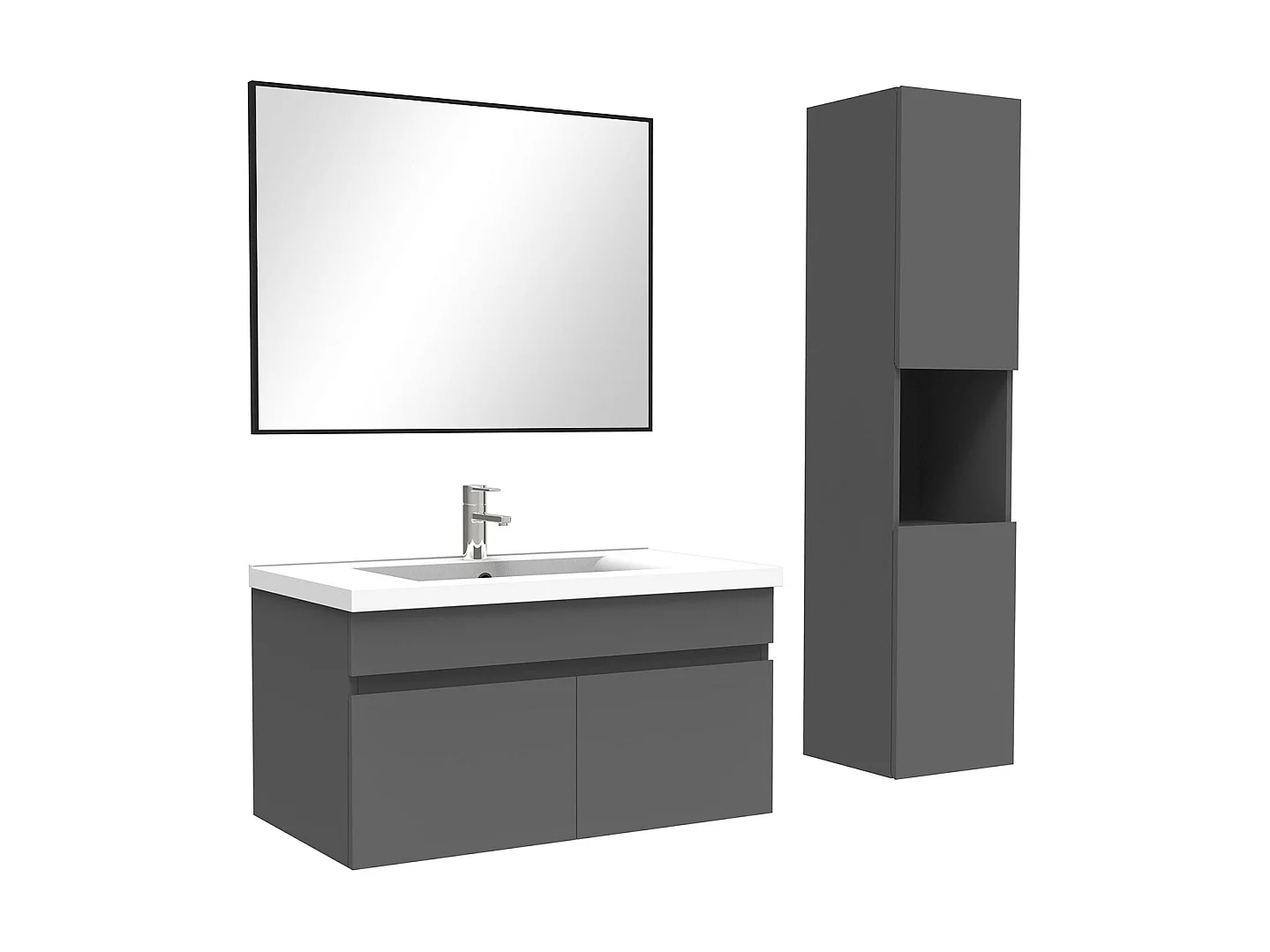 Ensemble meuble et vasque et colonne et miroir 80cm meuble salle de bain Anthracite,Aica