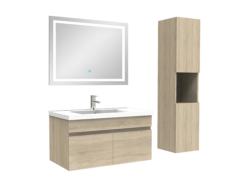 Ensemble meuble salle de bain + vasque + miroir lumineux + colonne 80cm Chêne Wotan,Aica