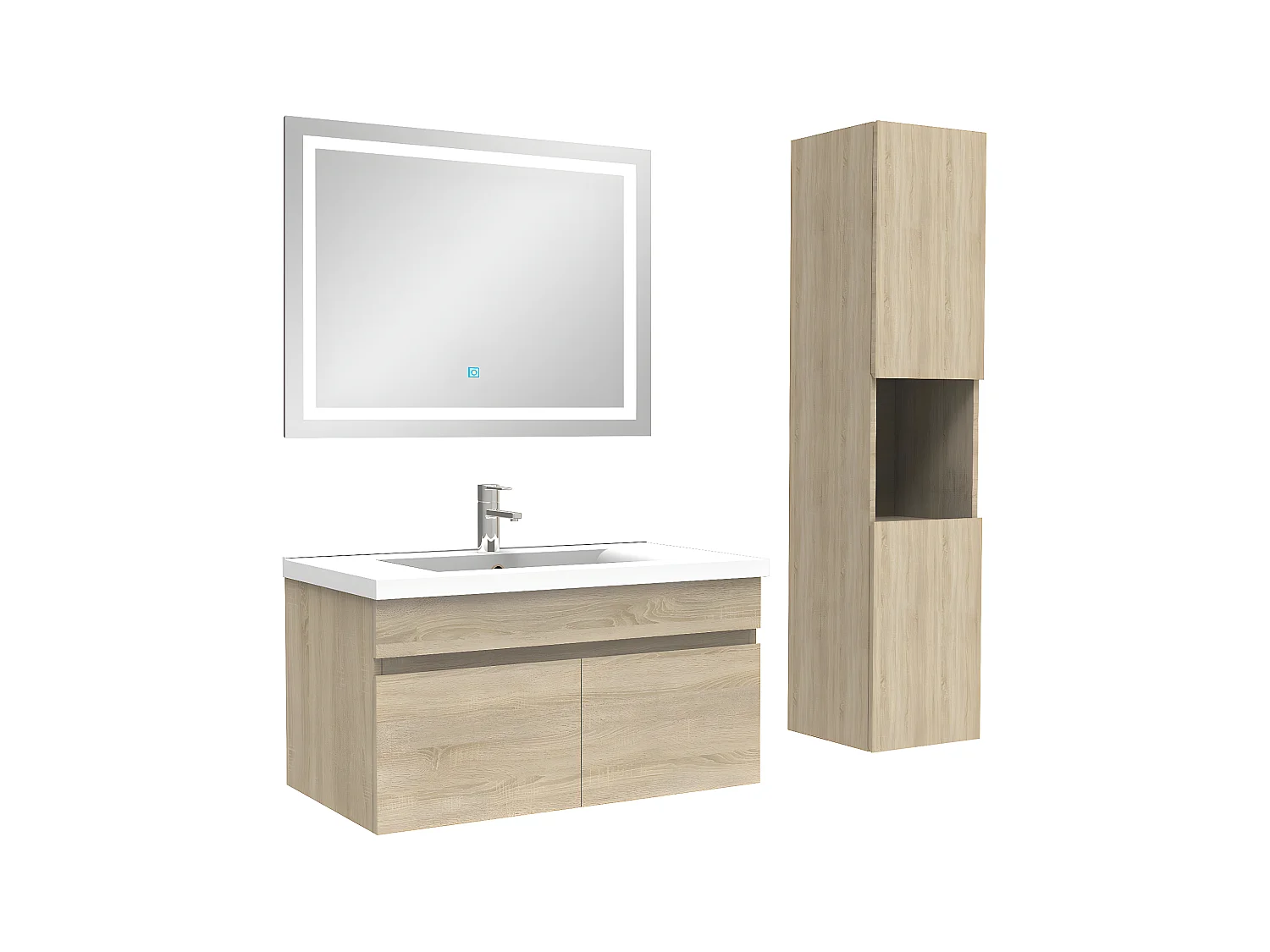 Ensemble meuble salle de bain + vasque + miroir lumineux + colonne 80cm Chêne Wotan,Aica