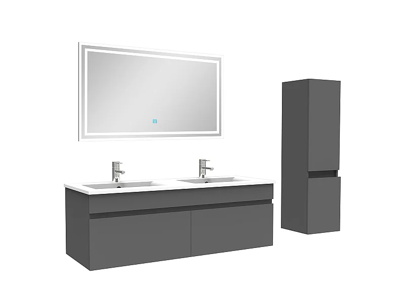 Meuble Salle de Bain 120cm Anthracite avec colonne et miroir lumineux, Aica