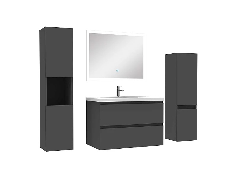 Ensemble meuble de salle de bain 80cm simple vasque + colonne de rangement + miroir Anthracite
