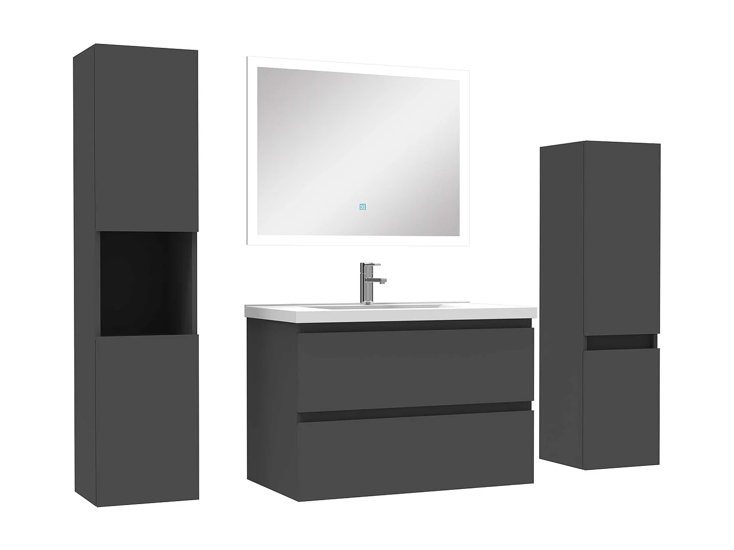 Ensemble meuble de salle de bain 80cm simple vasque + colonne de rangement + miroir Anthracite