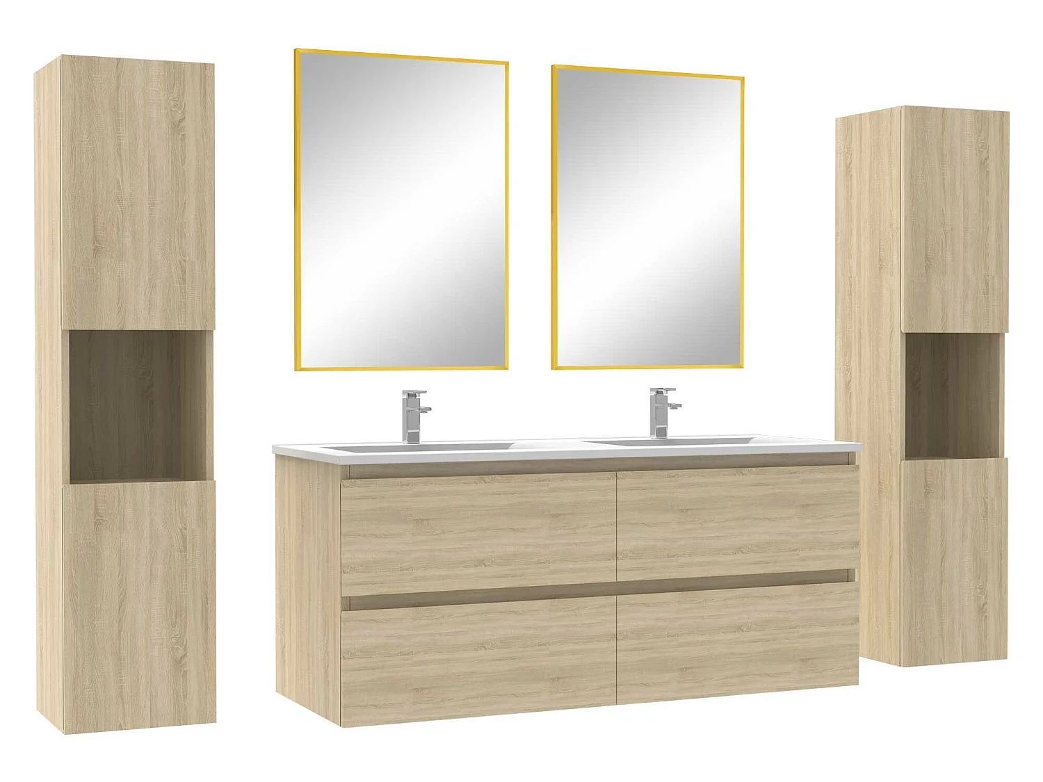 Ensemble meubles Salle de Bain avec colonne et miroir mural 120cm meuble Chêne Wotan