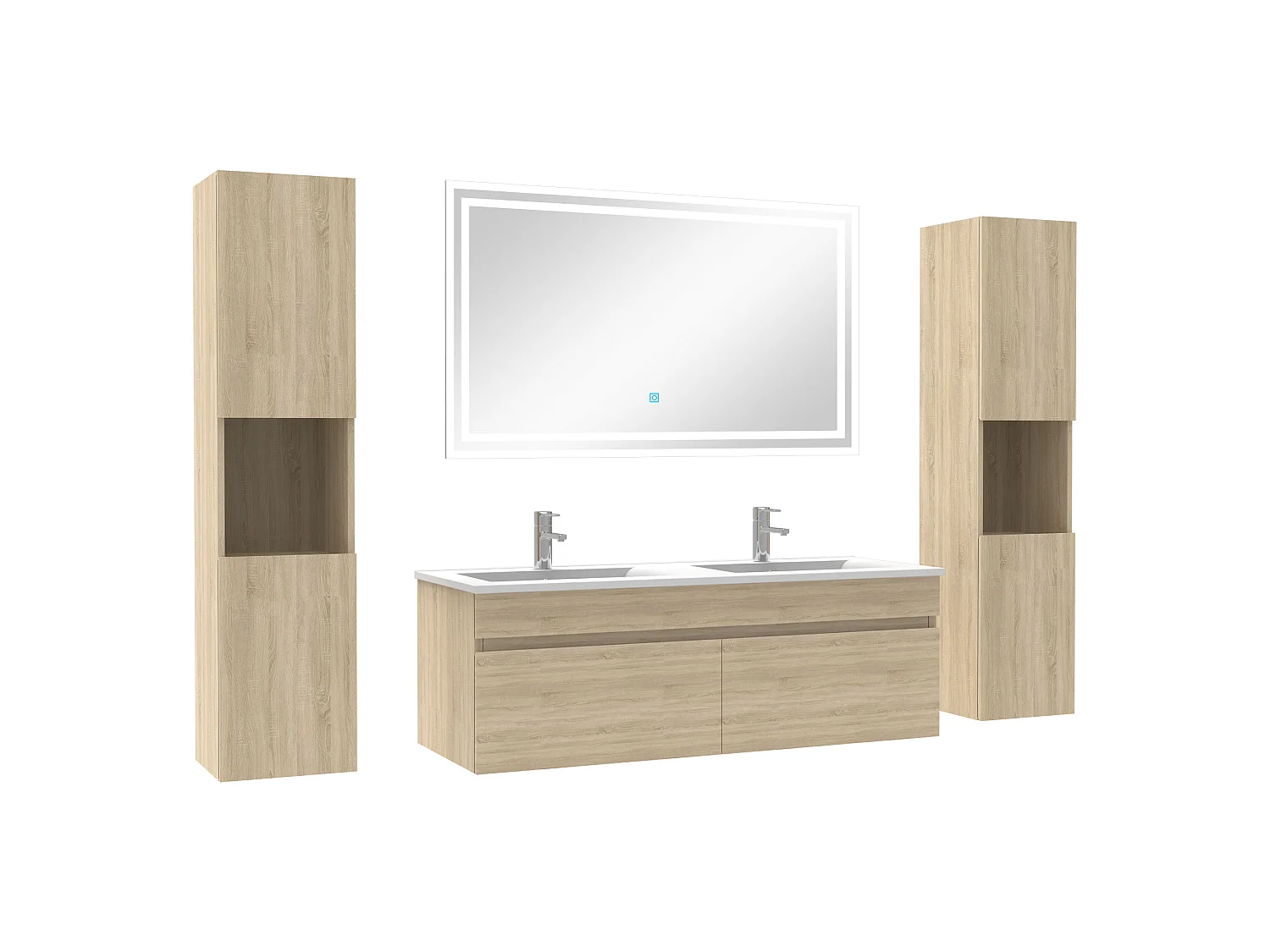 Ensemble meubles Salle de Bain double vasque 120cm, colonnex2 et miroir Chêne Wotan