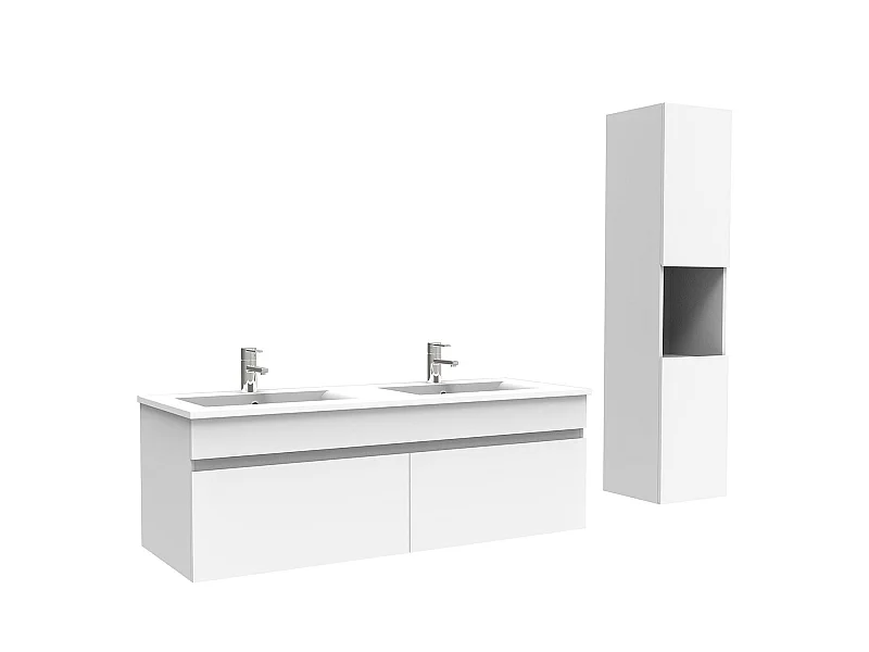 Meuble Salle de Bain avec colonne et vasque ceramique 120cm Blanc, Aica