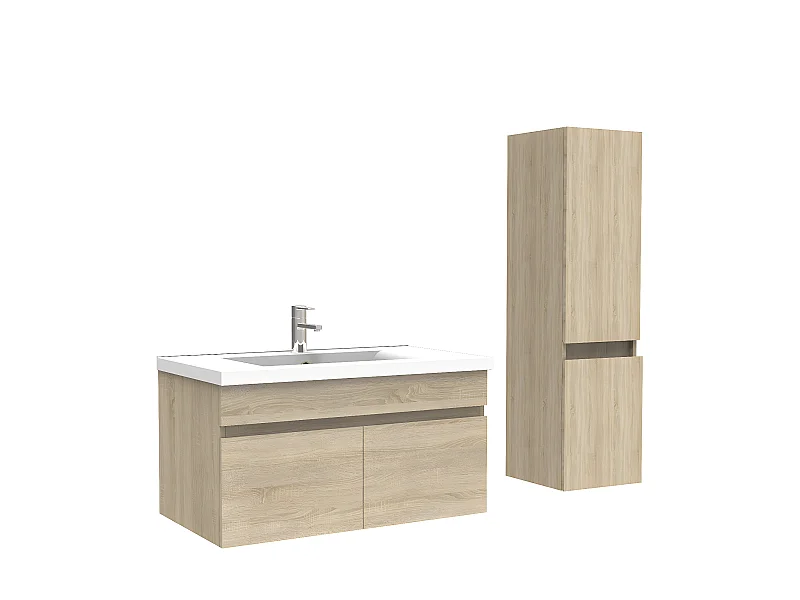 Meuble Salle de Bain avec colonne 80cm Chêne Wotan avec vasque ceramique, Aica