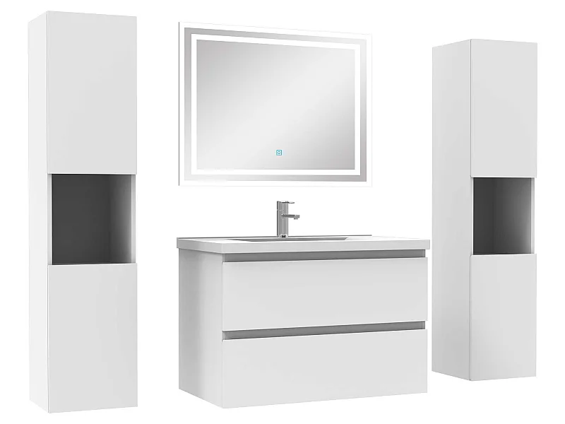 Ensemble meubles Salle de Bain 80cm avec colonne + miroir lumineux Blanc