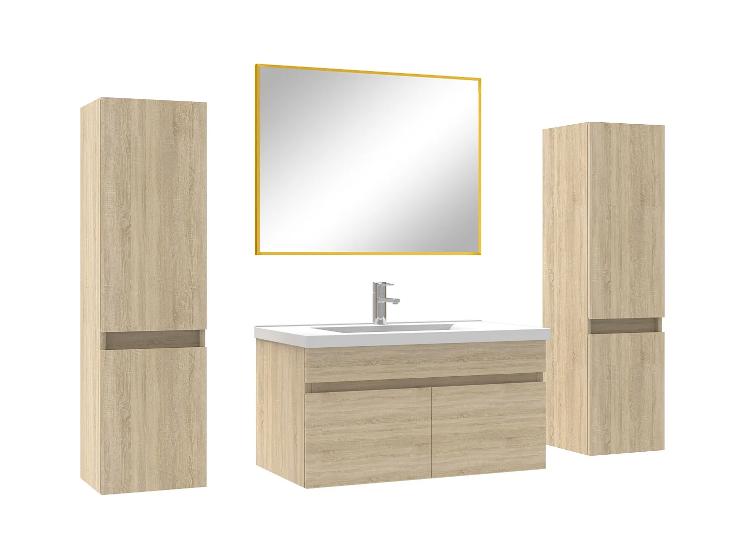 Ensemble meubles Salle de Bain 80cm simple vasque avec colonne + miroir Chêne Wotan