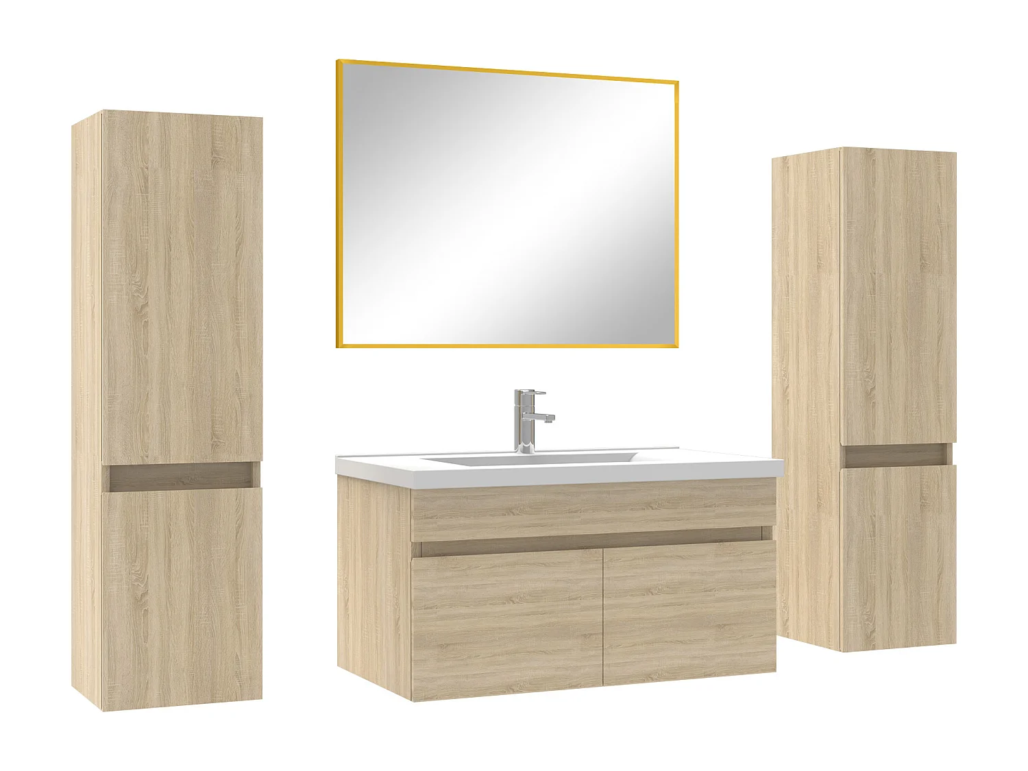 Ensemble meubles Salle de Bain 80cm simple vasque avec colonne + miroir Chêne Wotan