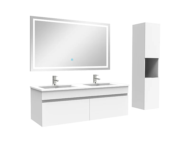 Ensemble meuble salle de bain + vasque + miroir lumineux + colonne 120cm Blanc,Aica
