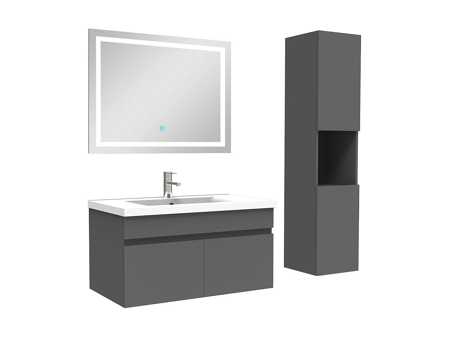 Ensemble meuble salle de bain + vasque + miroir lumineux + colonne 80cm Anthracite,Aica
