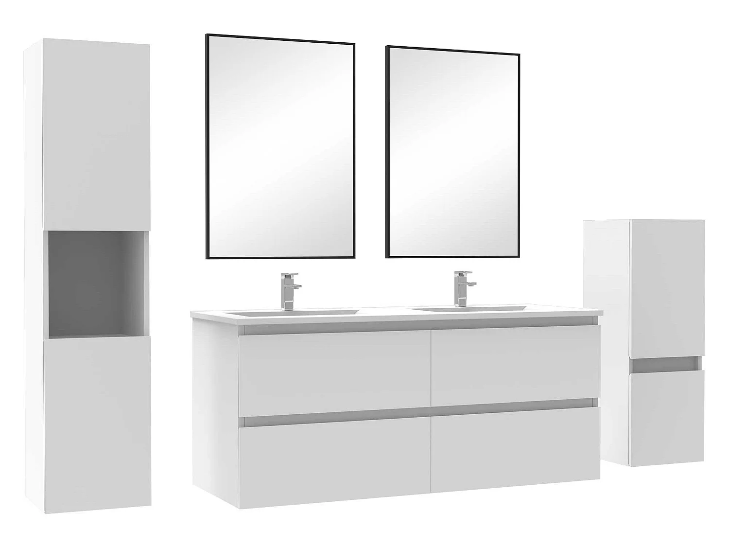 Ensemble meubles Salle de Bain 120cm double vasque + colonne + miroir mural Blanc