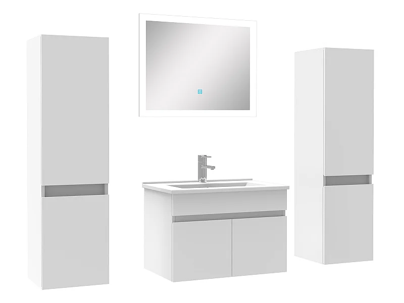 Ensemble meuble simple vasque L.60cm avec colonne + miroir Blanc