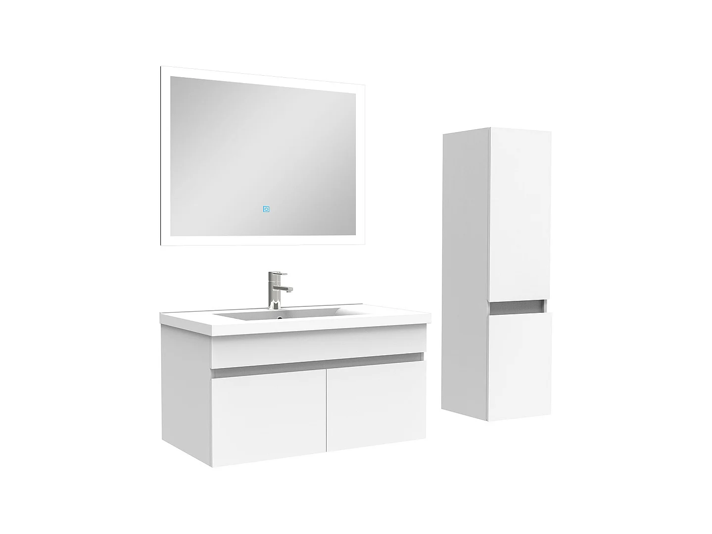 Ensemble Salle De Bain simple vasque avec colonne et miroir 80cm meuble blanc, Aica
