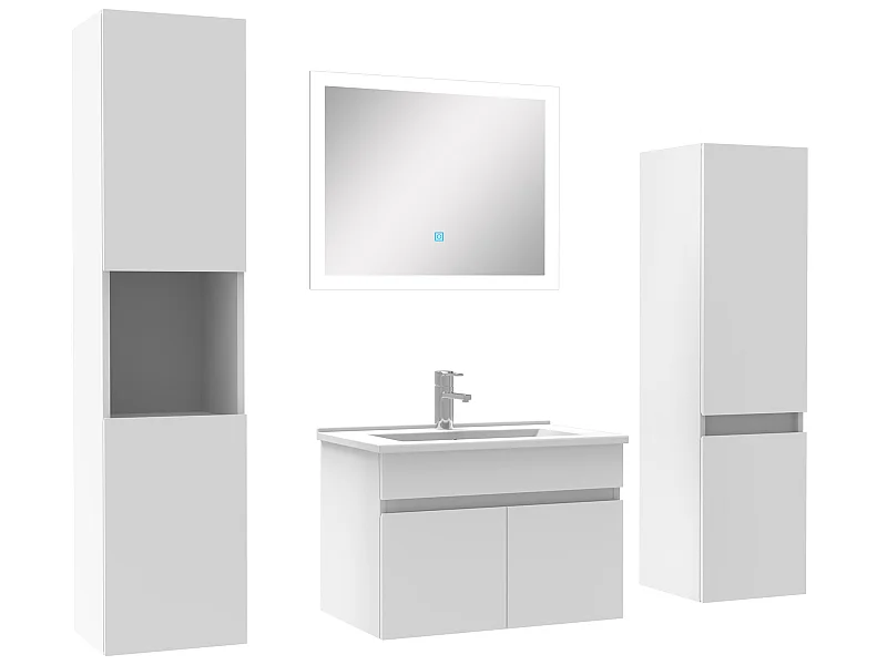 Ensemble meuble vasque 60cm + colonne de rangement + miroir lumineux Blanc