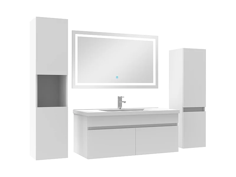 Meuble Salle de Bain 100cm simple vasque + colonne + miroir lumineux Blanc