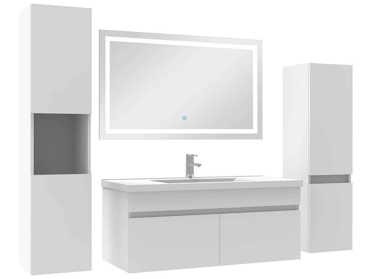 Meuble Salle de Bain 100cm simple vasque + colonne + miroir lumineux Blanc