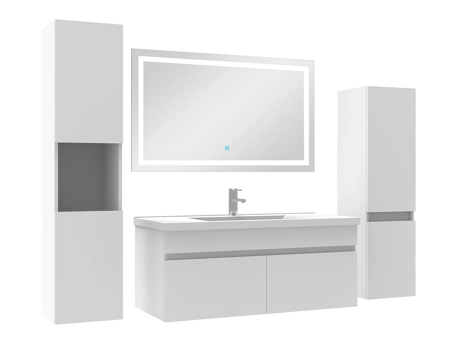 Meuble Salle de Bain 100cm simple vasque + colonne + miroir lumineux Blanc