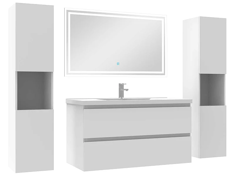 Ensemble meubles Salle de Bain 100cm avec colonne + miroir lumineux Blanc