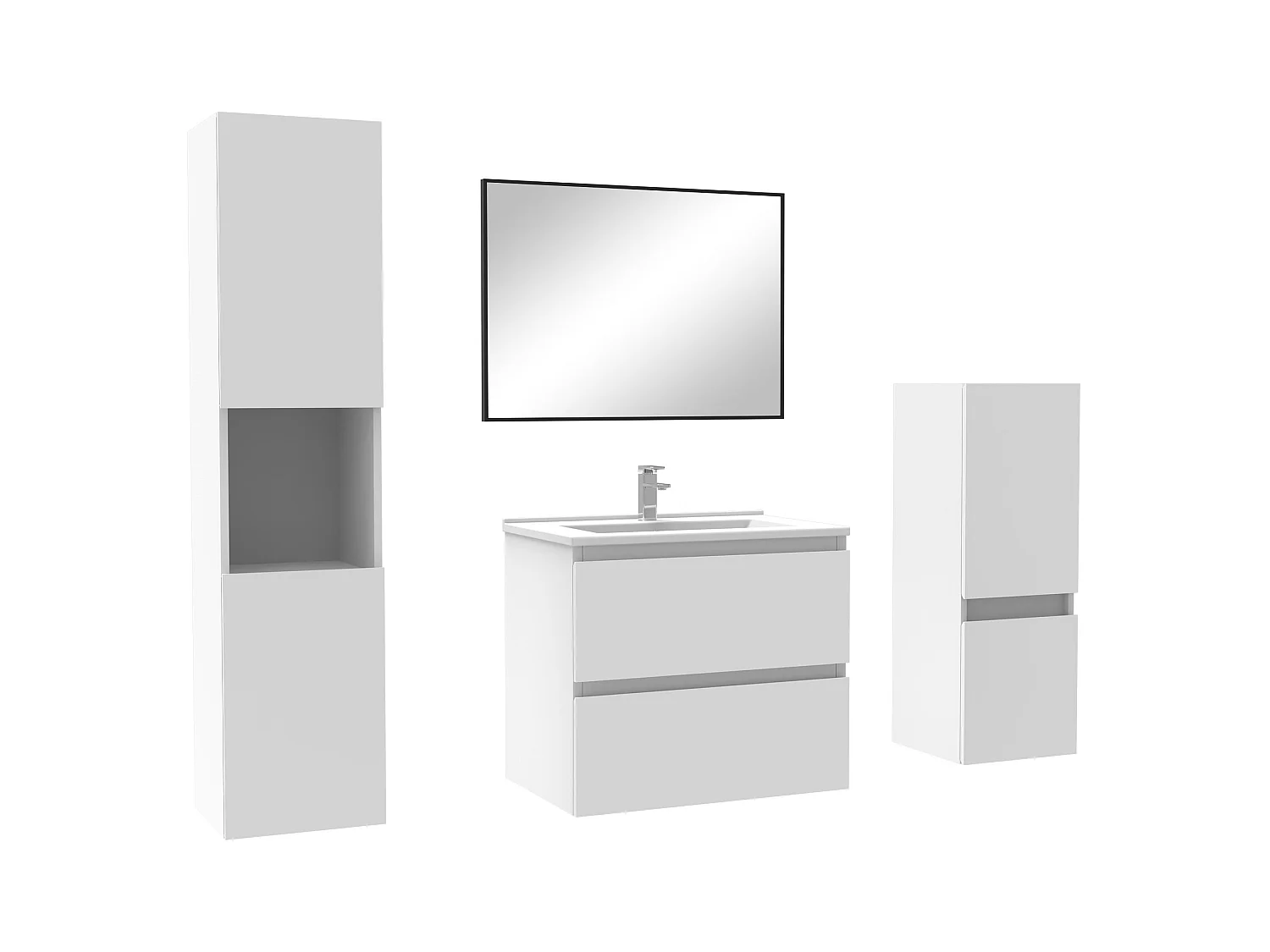 Ensemble meubles Salle de Bain 60cm simple vasque + colonne + miroir mural Blanc
