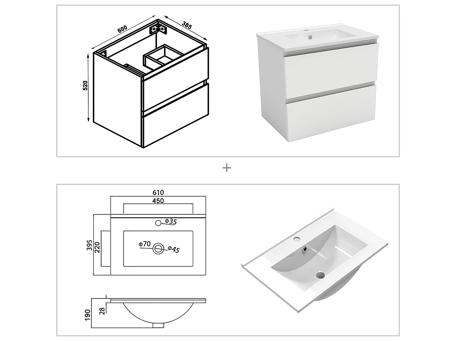 Ensemble meubles Salle de Bain 60cm simple vasque + colonne + miroir mural Blanc