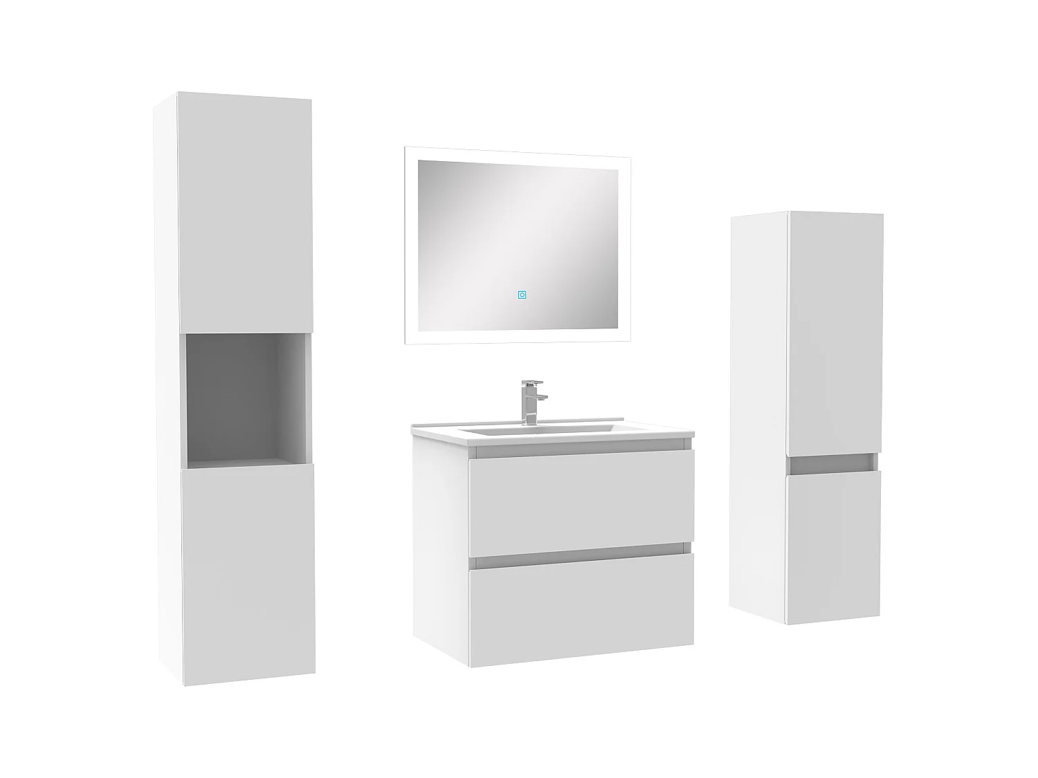 Ensemble meuble de salle de bain 60cm simple vasque + colonne de rangement + miroir Blanc