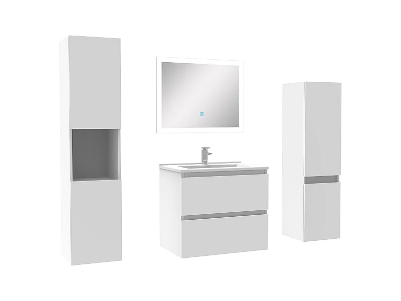 Ensemble meuble de salle de bain 60cm simple vasque + colonne de rangement + miroir Blanc