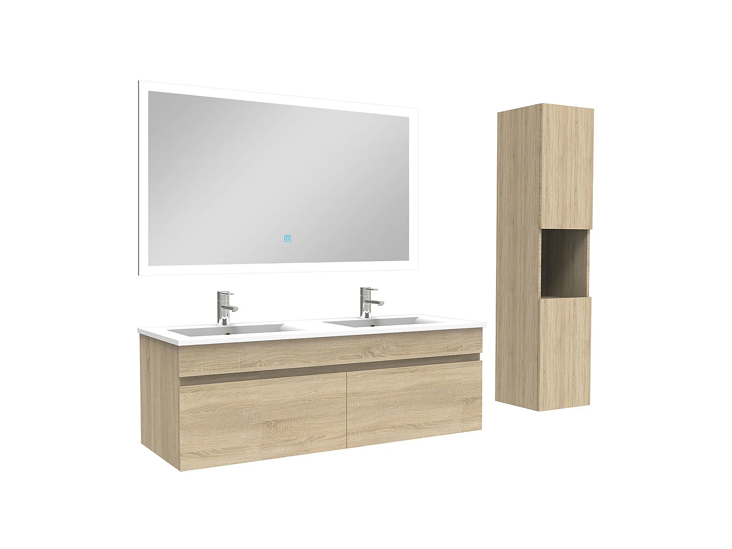 Ensemble Salle De Bain double vasque avec colonne et miroir 120cm meuble Chêne Wotan, Aica