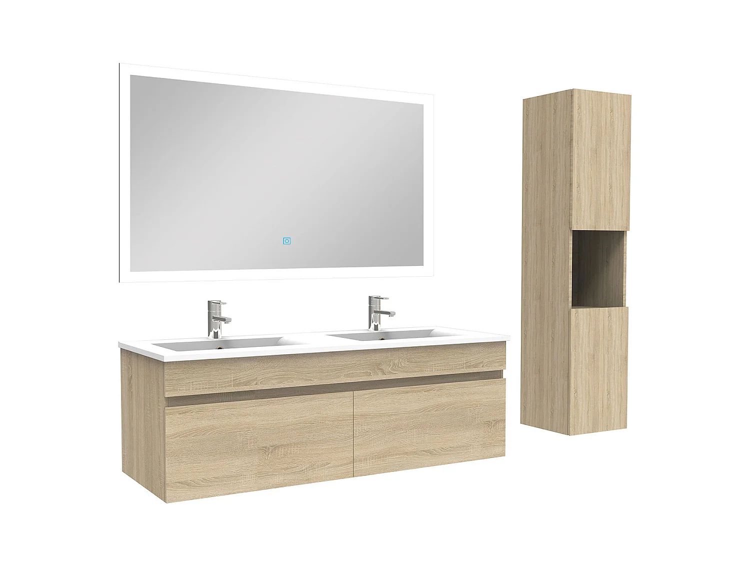 Ensemble Salle De Bain double vasque avec colonne et miroir 120cm meuble Chêne Wotan, Aica