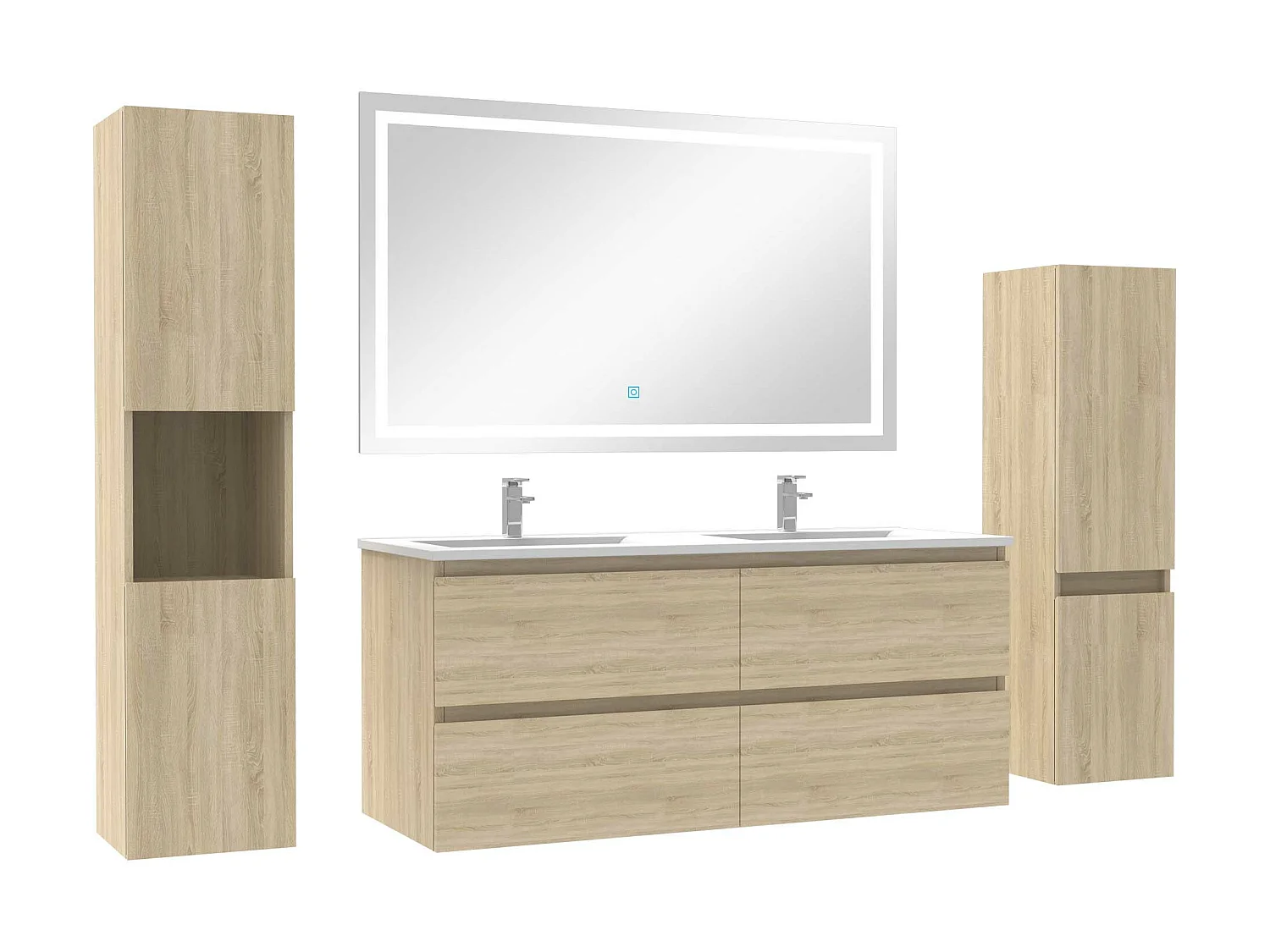 Ensemble meubles Salle de Bain 120cm vasque + colonne + miroir LED Chêne Wotan