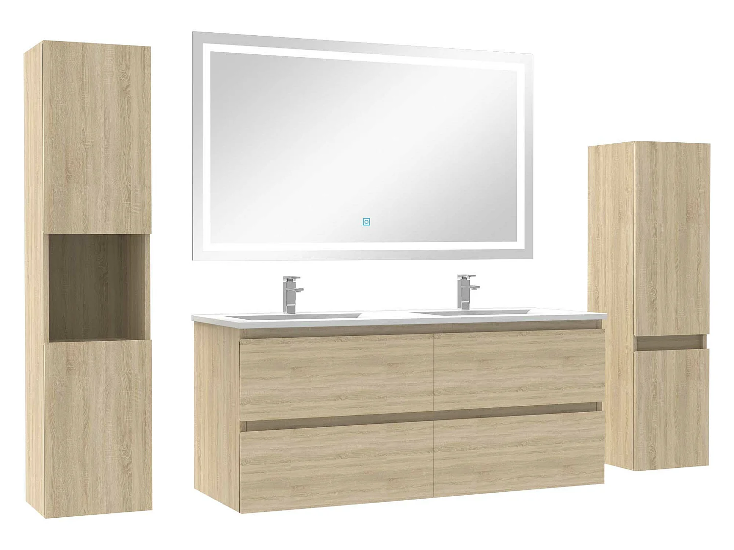Ensemble meubles Salle de Bain 120cm vasque + colonne + miroir LED Chêne Wotan