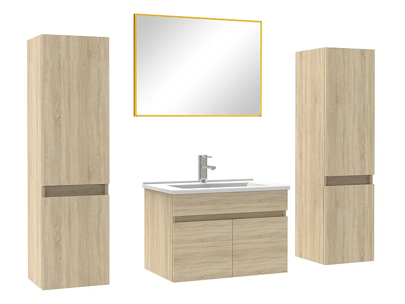 Ensemble meubles Salle de Bain 60cm simple vasque avec colonne + miroir Chêne Wotan