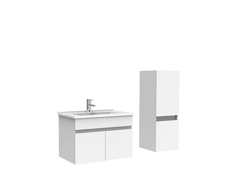 Meuble Salle de Bain 60cm Blanc avec colonne et vasque ceramique, Aica
