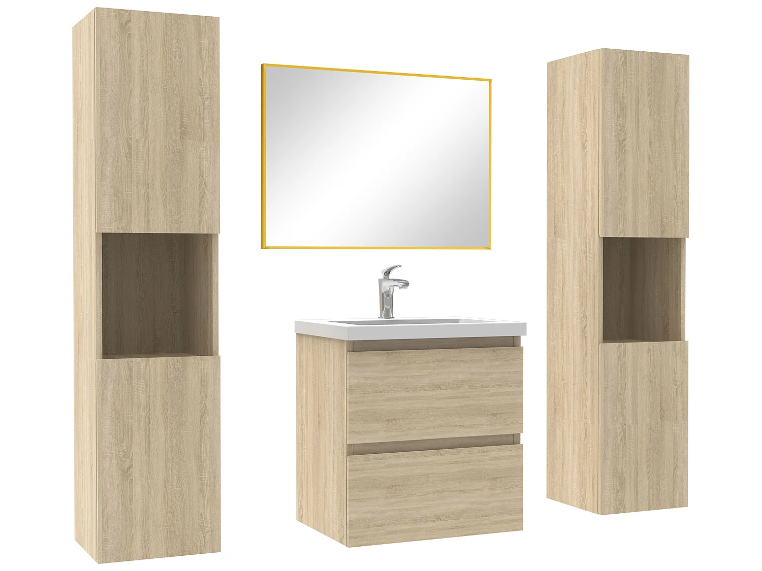 Ensemble meubles Salle de Bain avec colonne et miroir mural 50cm meuble Chêne Wotan