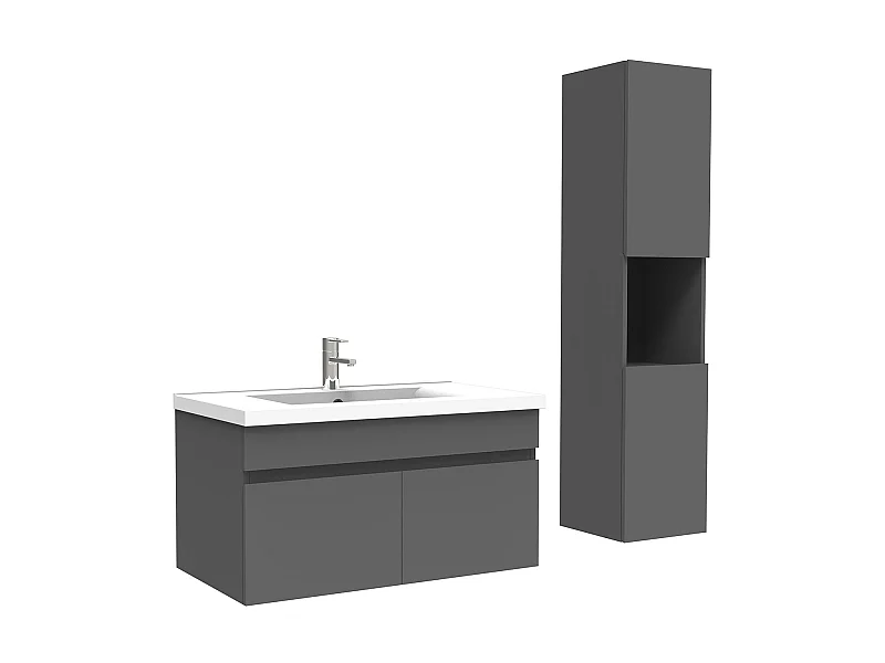Meuble Salle de Bain avec colonne et vasque ceramique 80cm Anthracite, Aica