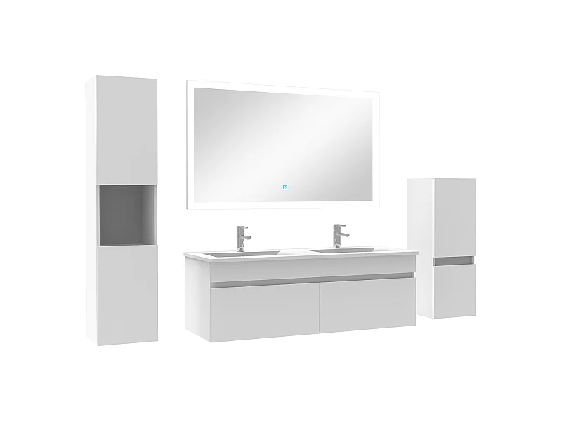 Ensemble meuble vasque 120cm et colonne de rangement et miroir lumineux Blanc