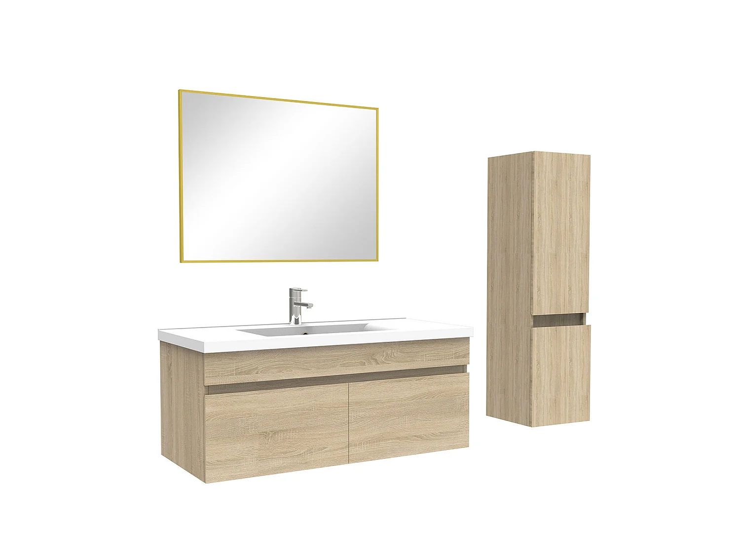 Ensemble Salle De Bain 100cm Chêne Wotan meuble et miroir et colonne et simple vasque, Aica