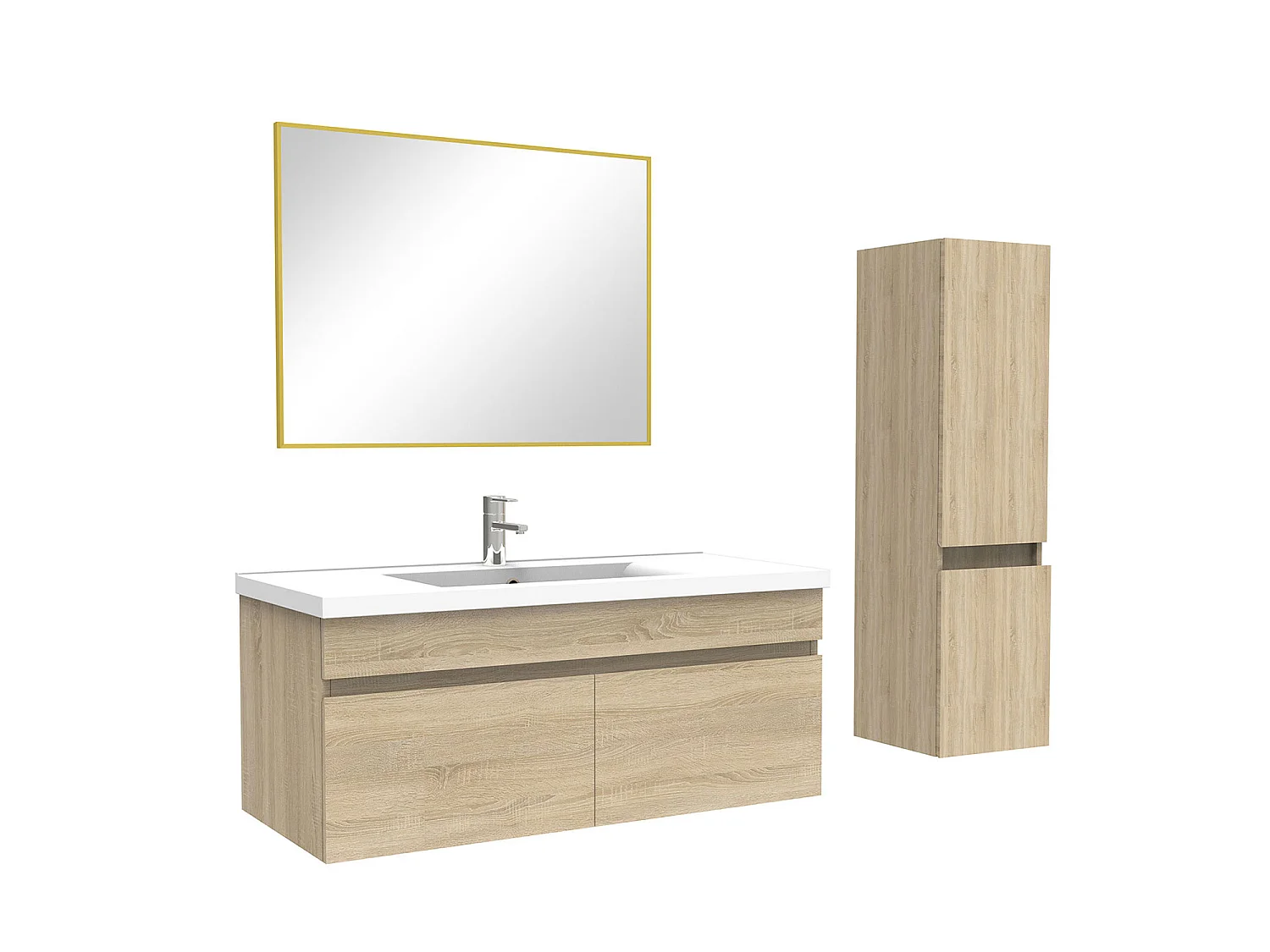Ensemble Salle De Bain 100cm Chêne Wotan meuble et miroir et colonne et simple vasque, Aica