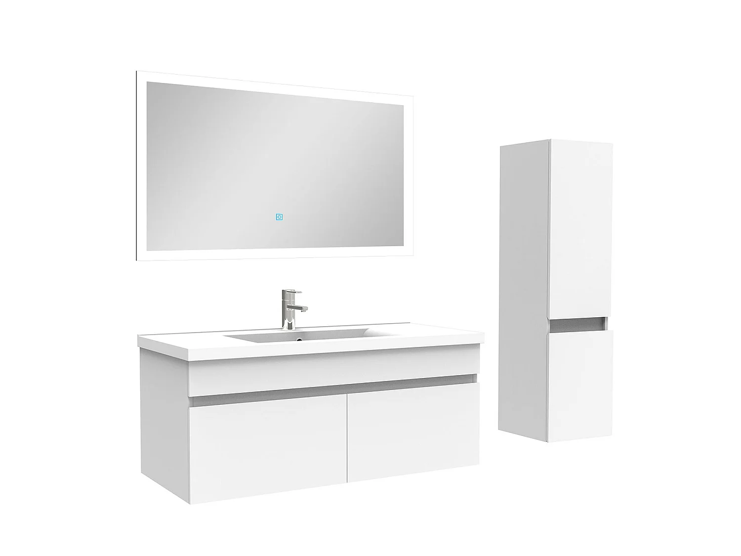 Ensemble Salle De Bain simple vasque avec colonne et miroir 100cm meuble blanc, Aica