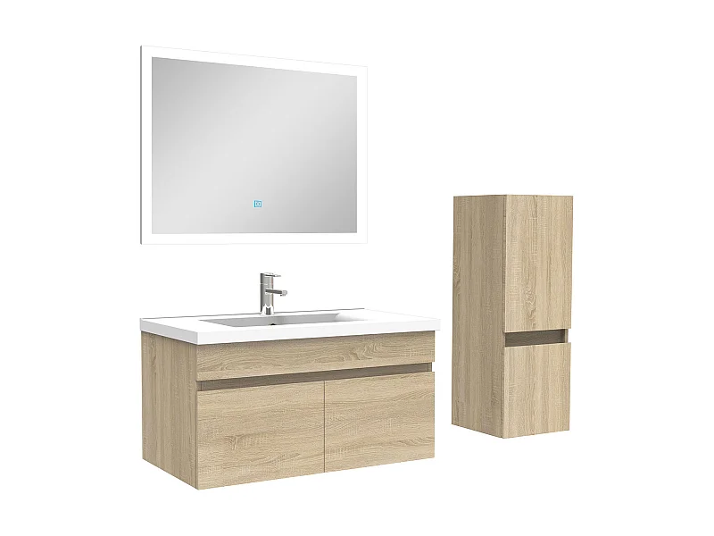 Ensemble Salle De Bain simple vasque 80cm meuble Chêne Wotan avec colonne et miroir, Aica