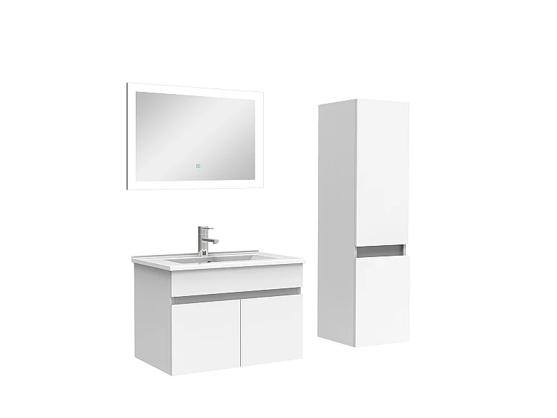 Ensemble Salle De Bain simple vasque avec colonne et miroir 60cm meuble blanc, Aica