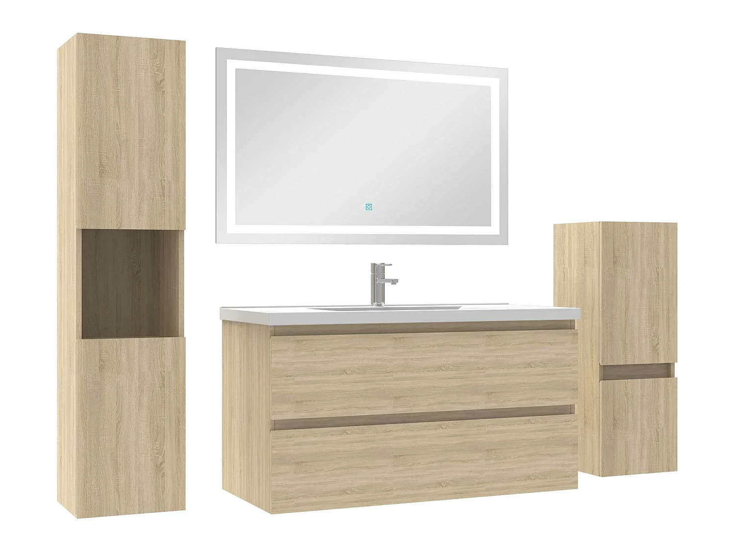 Ensemble meubles Salle de Bain 100cm simple vasque + colonne + miroir LED Chêne Wotan