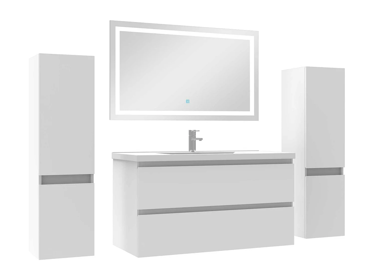 Ensemble meubles Salle de Bain 100cm simple vasque + colonne + miroir lumineux Blanc