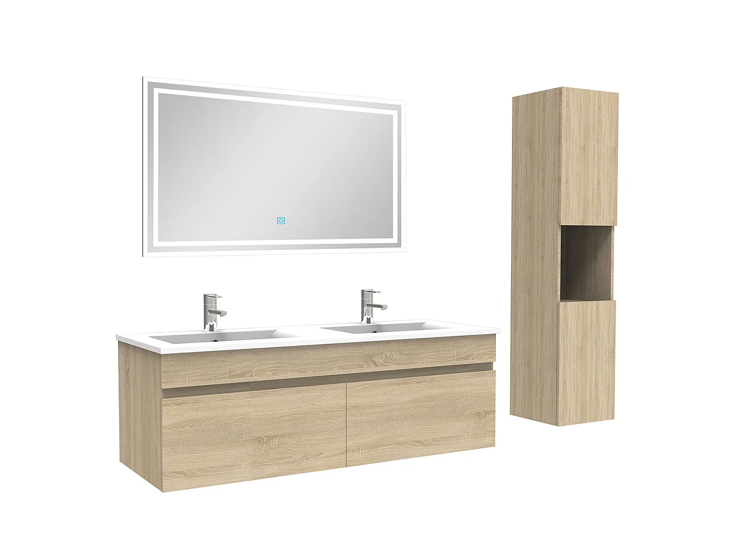 Meuble Salle de Bain 120cm Chêne Wotan avec colonne + miroir lumineux, Aica