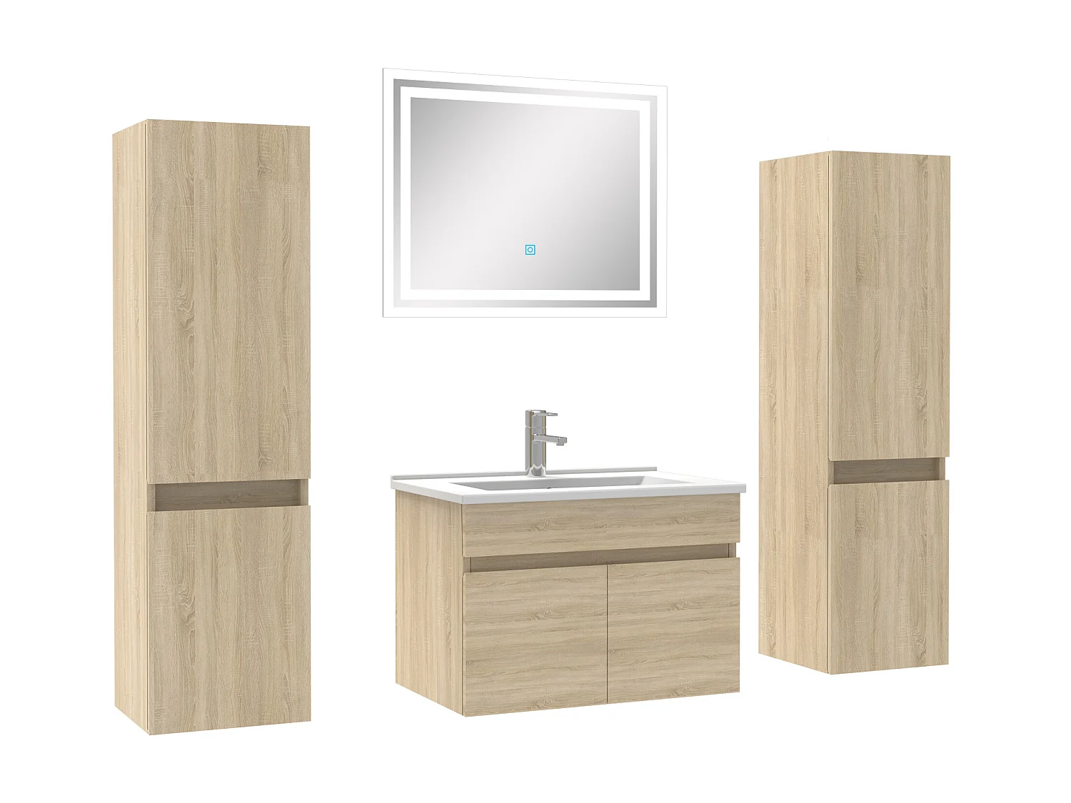 Ensemble meubles Salle de Bain simple vasque 60cm, colonnex2 + miroir Chêne Wotan
