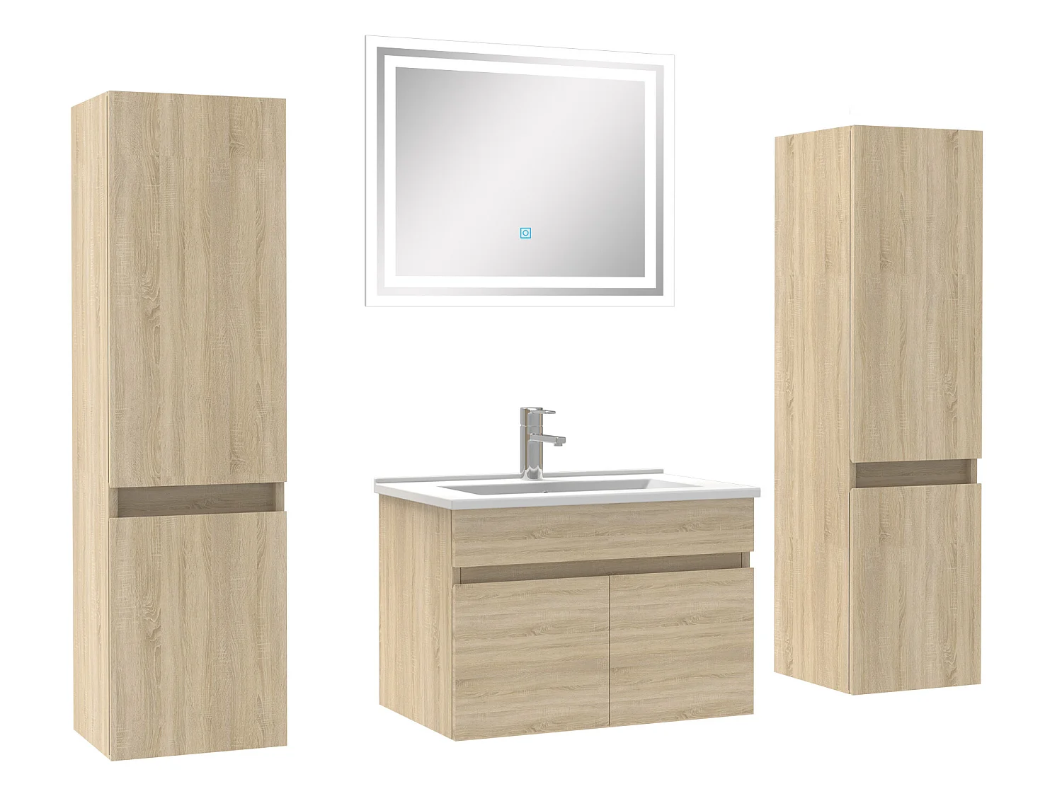 Ensemble meubles Salle de Bain simple vasque 60cm, colonnex2 + miroir Chêne Wotan