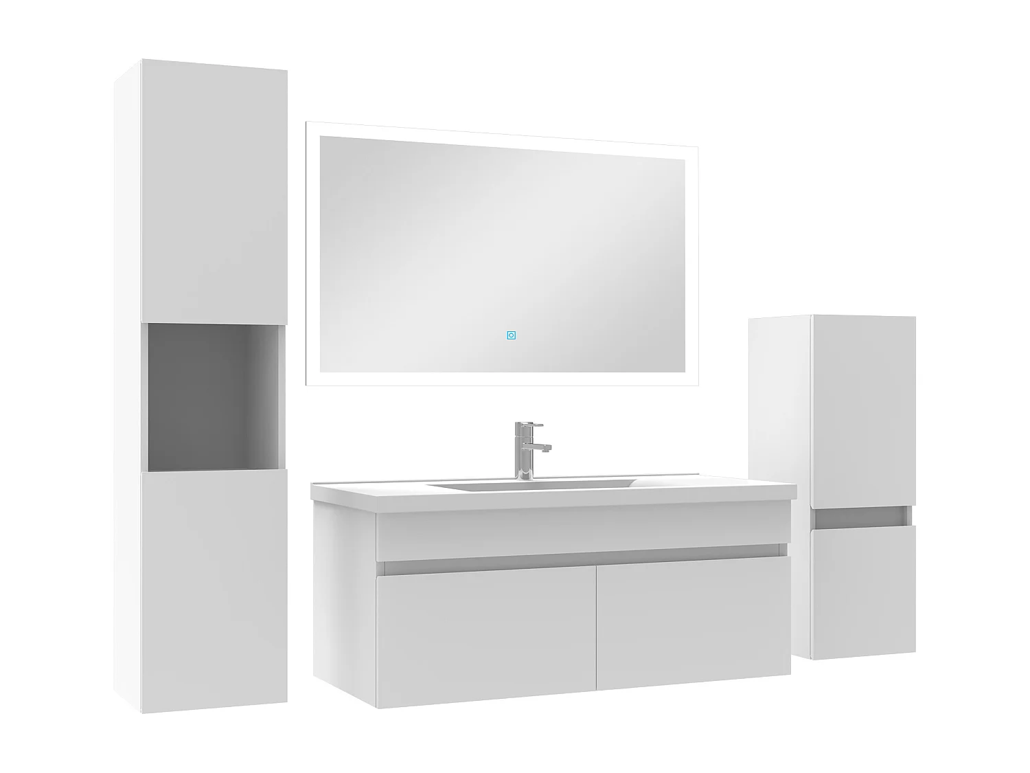 Ensemble meuble vasque 100cm et colonne de rangement et miroir lumineux Blanc