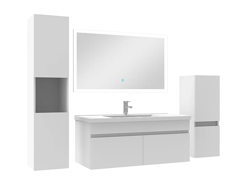 Ensemble meuble vasque 100cm et colonne de rangement et miroir lumineux Blanc
