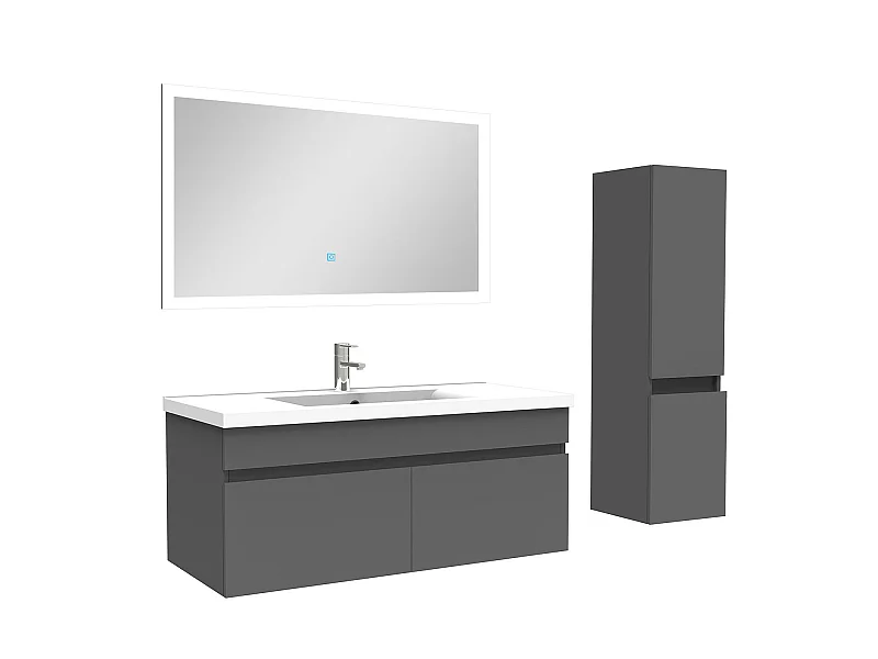 Ensemble Salle De Bain simple vasque avec colonne et miroir 100cm meuble Anthracite, Aica