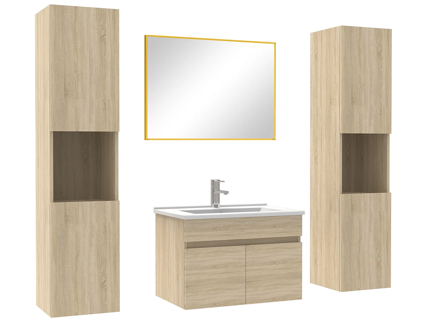 Ensemble meubles Salle de Bain 60cm simple vasque avec colonne + miroir mural Chêne Wotan